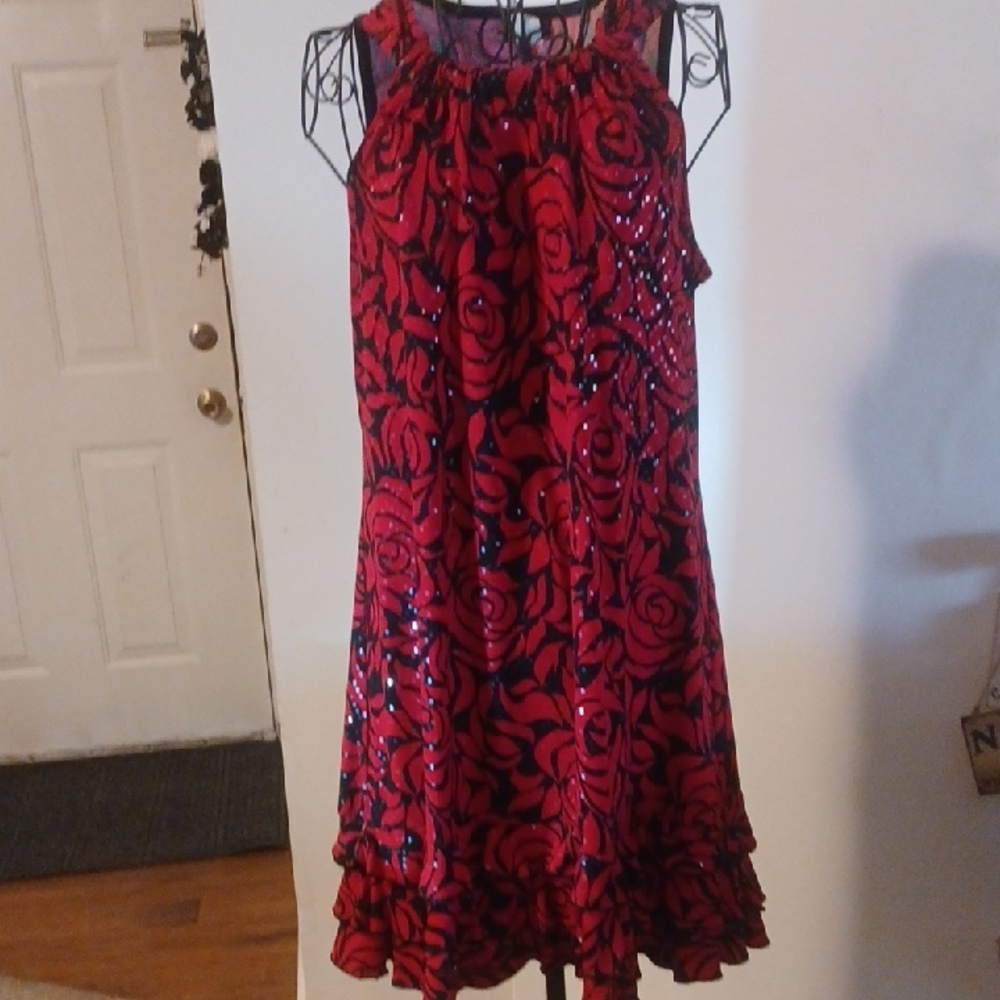 MSK Strapless Red and Black Floral Sequin Dress